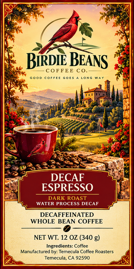 Decaf Espresso Birdie Beans label